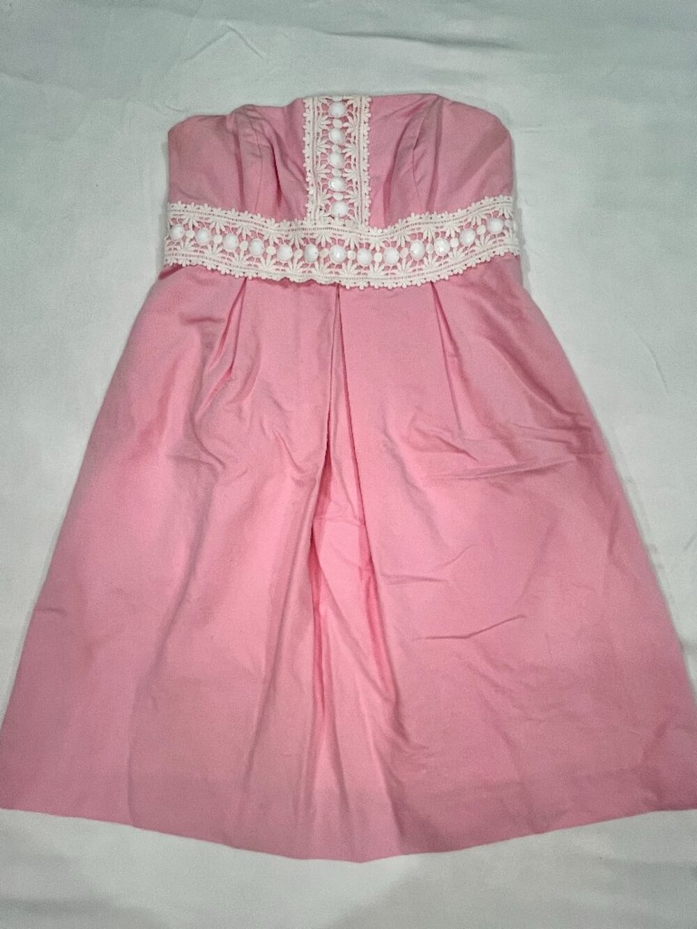 Lilly Pulitzer Betsey Dress Size 0 Pink White Lace Strapless Beaded Cotton